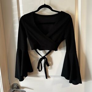 SHEIN Black Bell Sleeve Wrap Blouse
